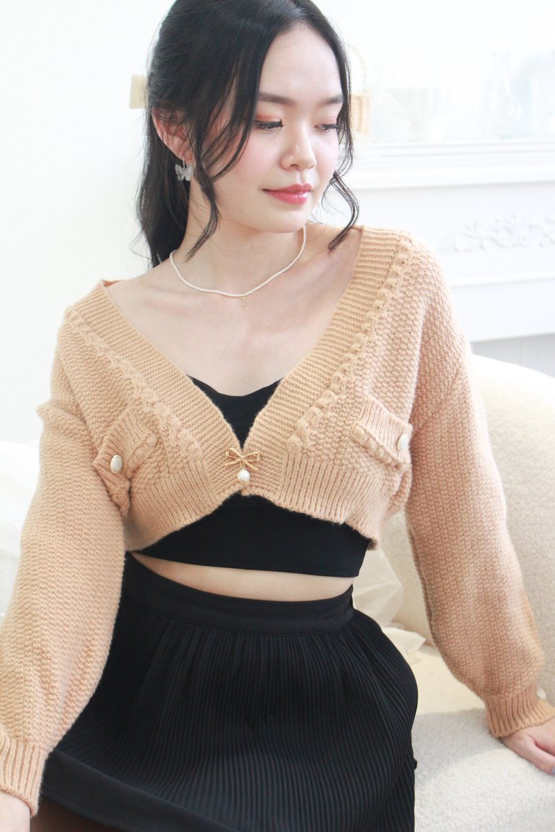 *DEFECT* Liberty Knit Bow Cardigan in Latte Brown XS/S