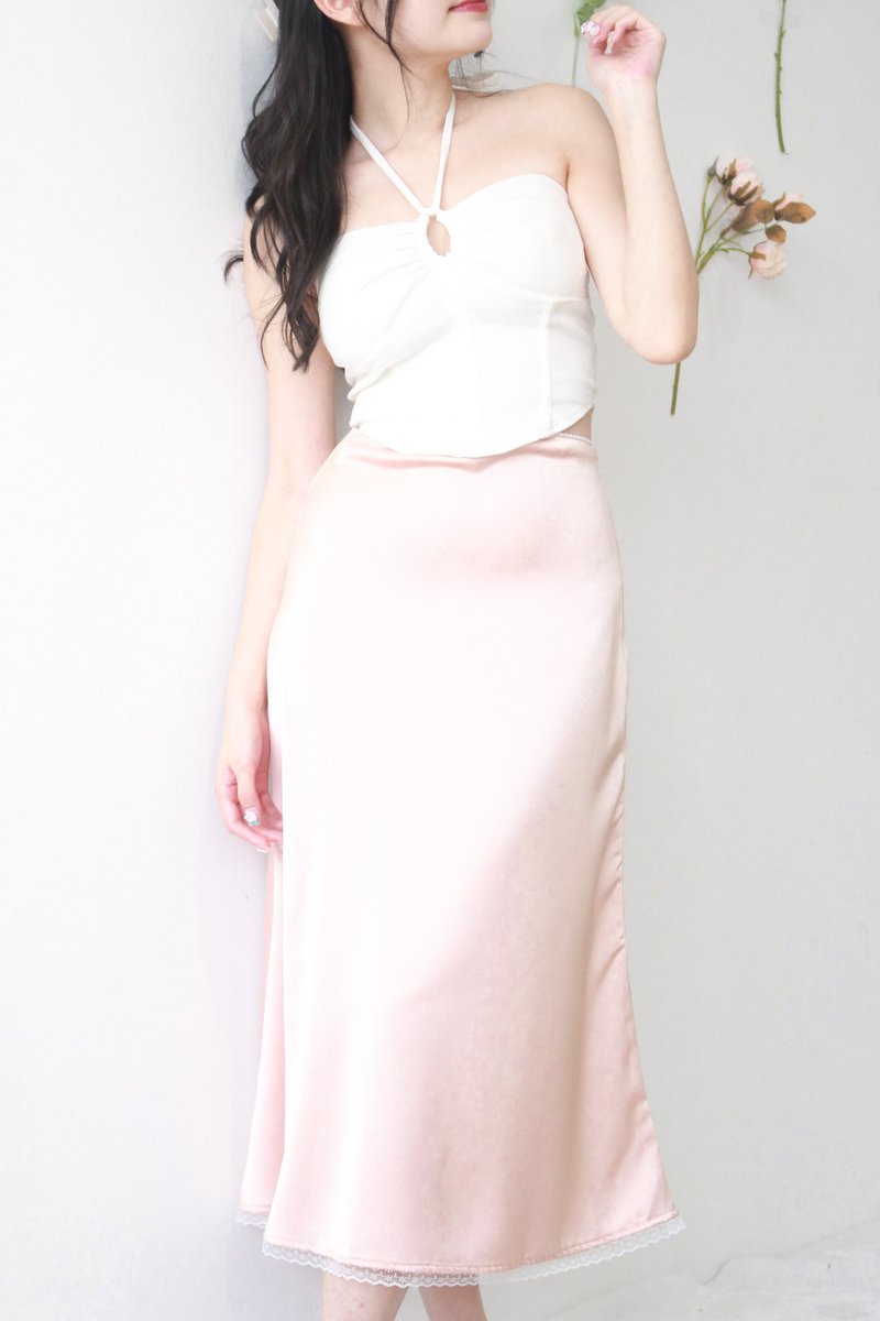 Juliette Lace Trim Satin Skirt in Rose Gold