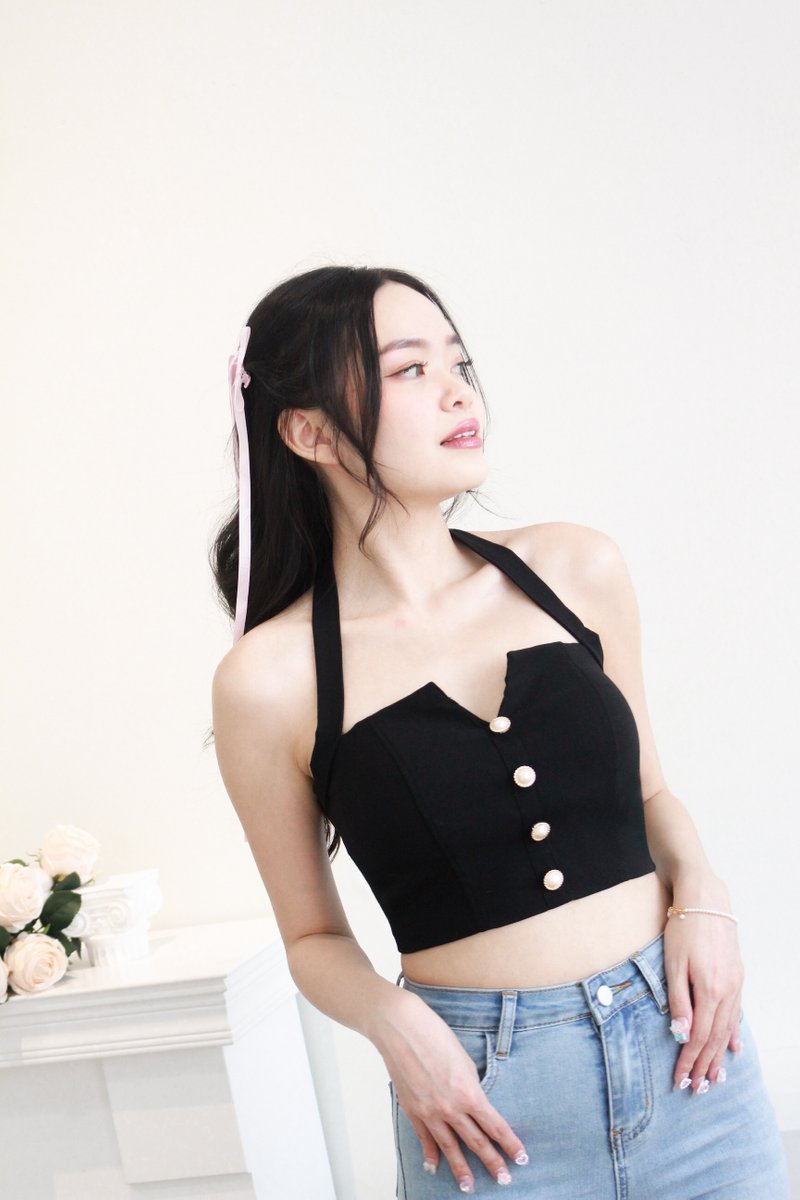 Eloise Padded Pearl Halter Top in Black