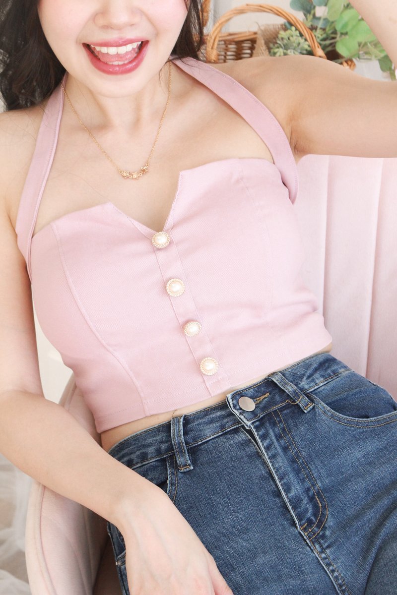 Eloise Padded Pearl Halter Top in Dusty Pink