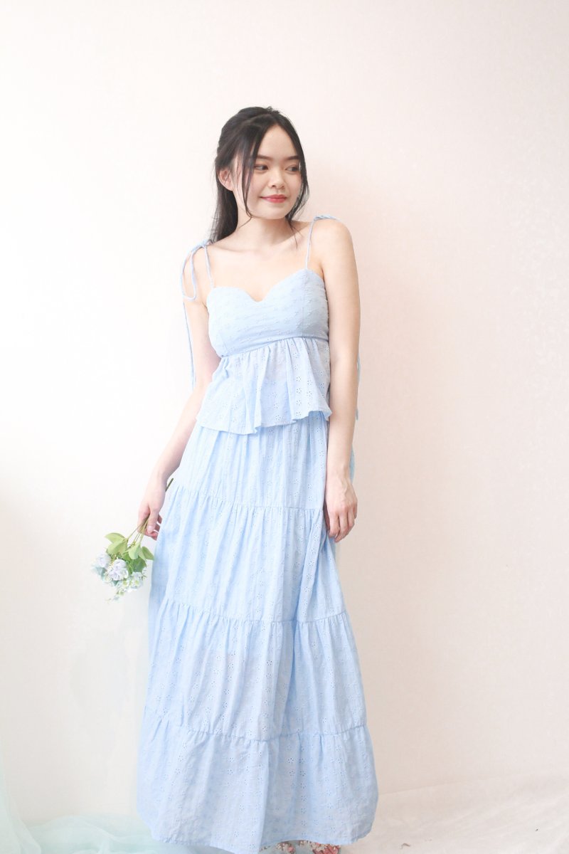 Maison Co-ord Eyelet Tiered Skirt in Light Blue