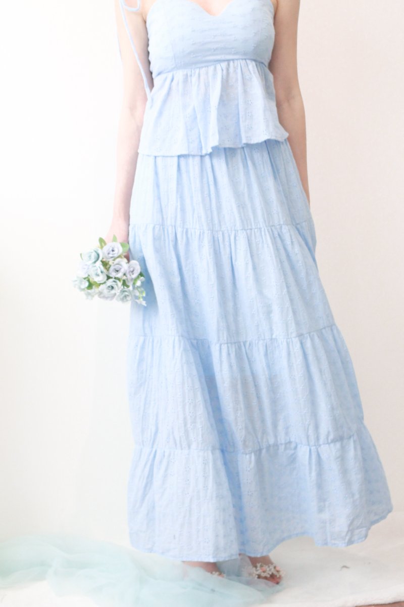 *DEFECT* Maison Co-ord Eyelet Tiered Skirt in Light Blue in size M