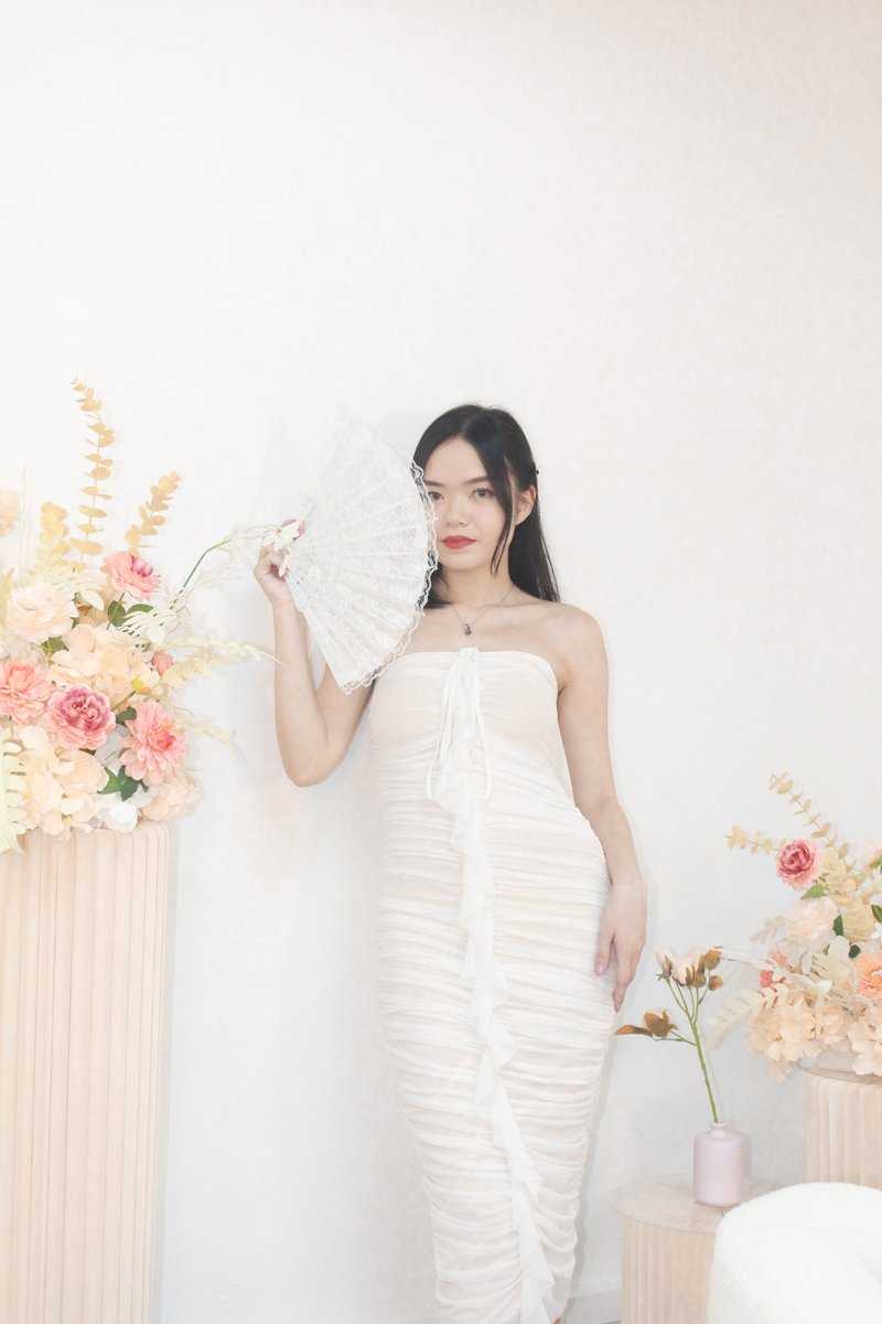 Breeze Mesh Ruched Midi Dress in White X Nude (Petite-friendly)