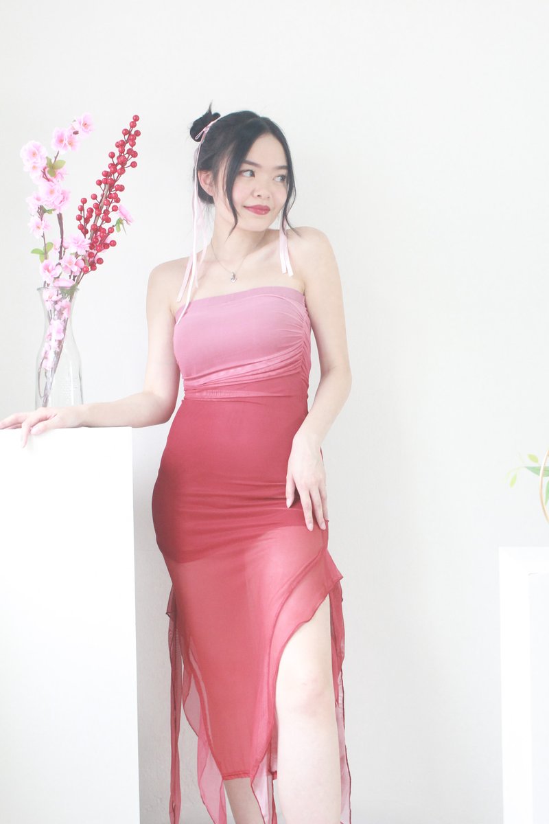 Rin Mesh Ruched Midi Dress in Cherry Ombre (Petite-friendly)