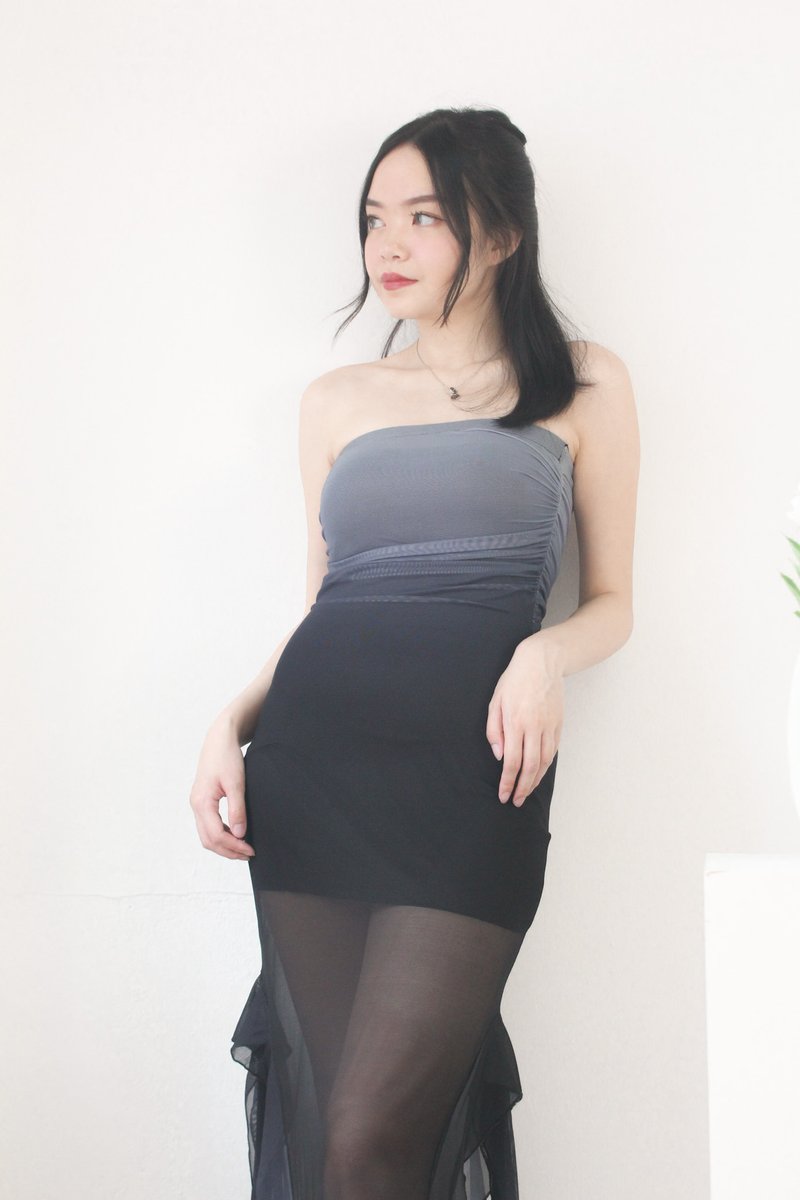 Rin Mesh Ruched Midi Dress in Midnight Ombre (Petite-friendly)