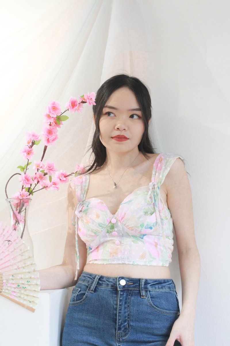 Petal Padded Floral Ribbon Top in Pastel Dream