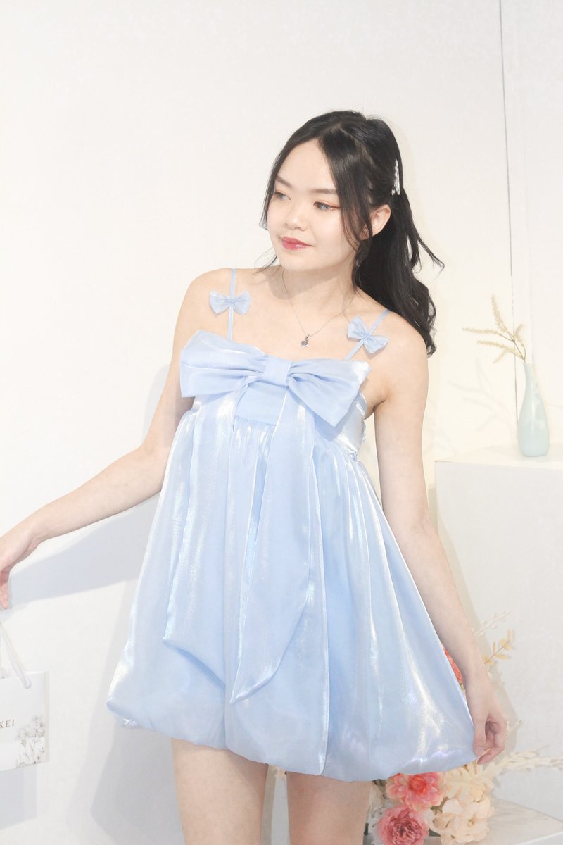 Xuan Ribbon Organza Bubble Hem Dress in Baby Blue