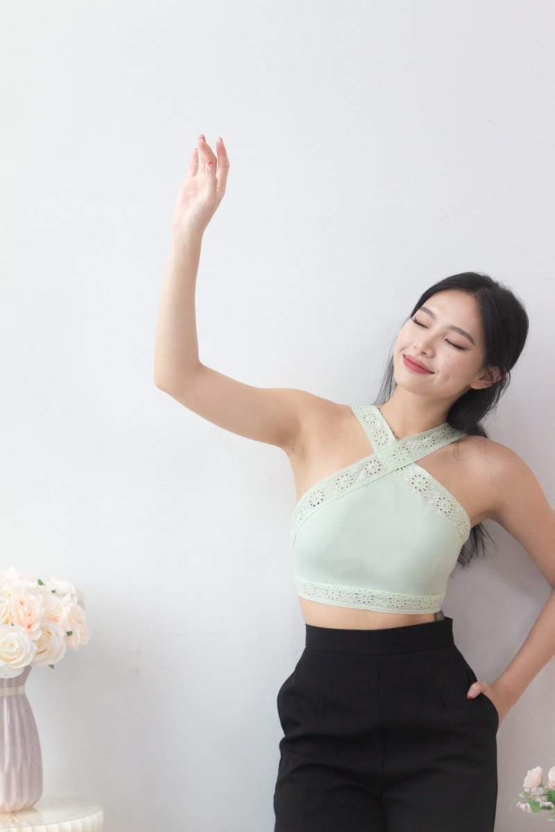 Pixie Eyelet Lace Halter Top in Light Mint 