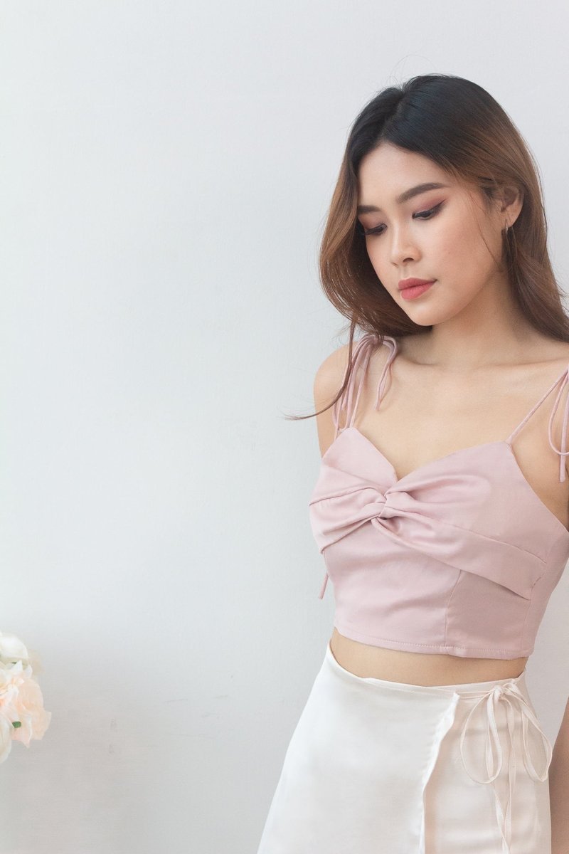 Brandy Satin Knot Front Top in Blush 