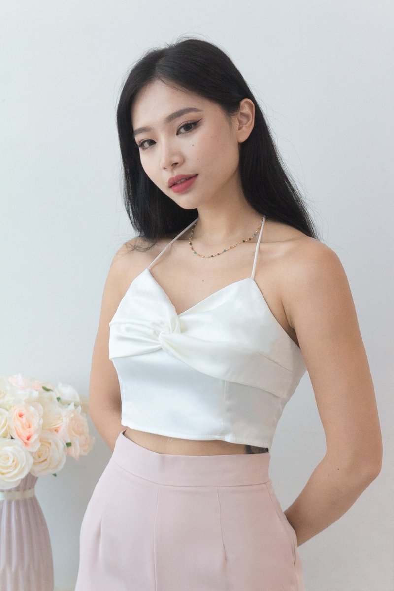 Brandy Satin Knot Front Top in White